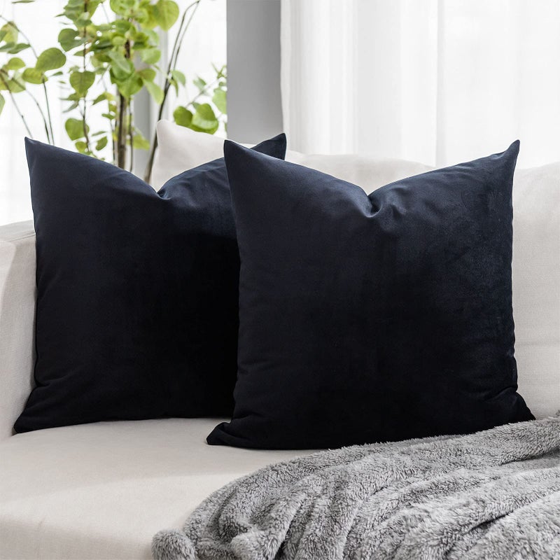 QUAFOO Black Soft Velvet Throw Pillow Covers 22x22 inch Set of 2 for Sofa Couch Bed Living Room Decorative Luxury Solid Square Cushion Covers Case with Zipper - Image 1